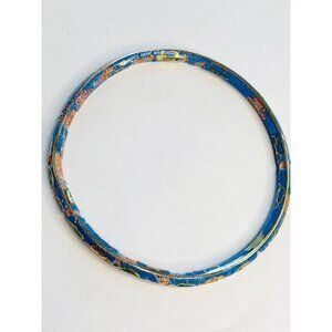 Vintage Blue Cloisonné Bangle Bracelet With Multicolor Floral Design